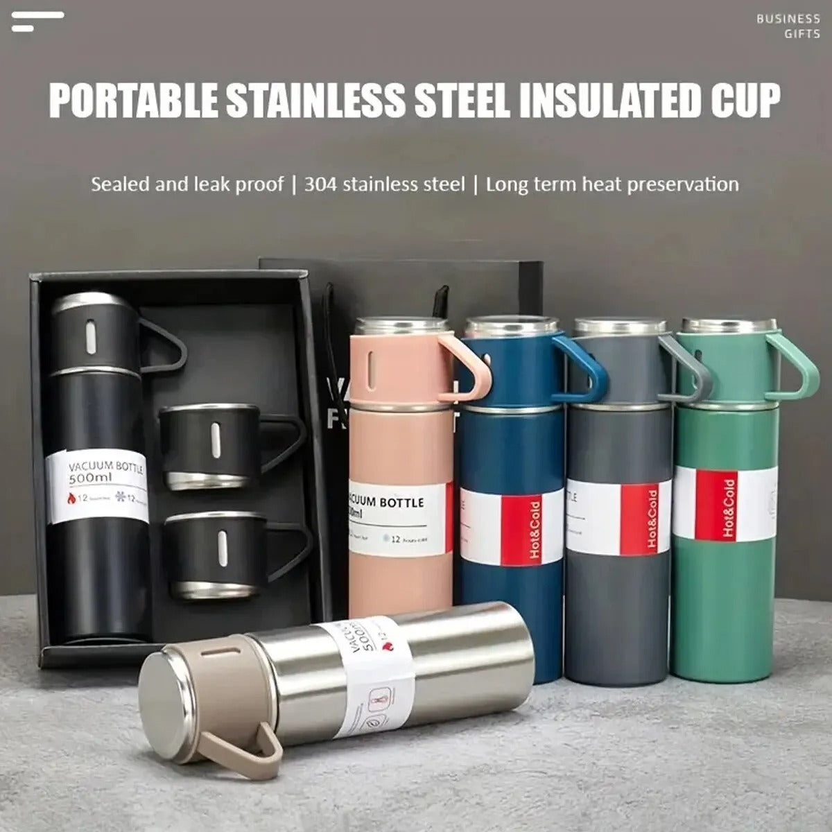 3 In 1 Vacuum Insulated Thermal Flask Set With 2 Cup (Random Color)