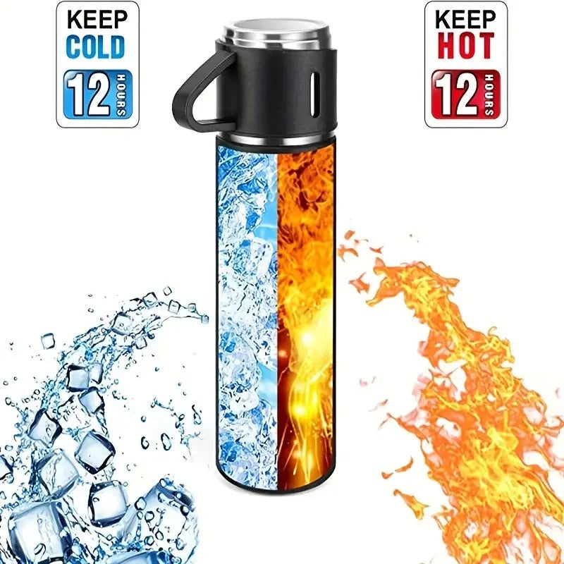 3 In 1 Vacuum Insulated Thermal Flask Set With 2 Cup (Random Color)